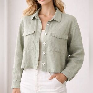 Mus & Bombon Sage Green Linen Cropped Button Up Shirt Jacket